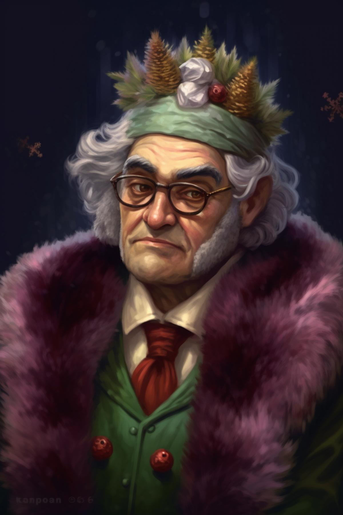 Uncle in an old fur hat decorated with emeralds and rubies