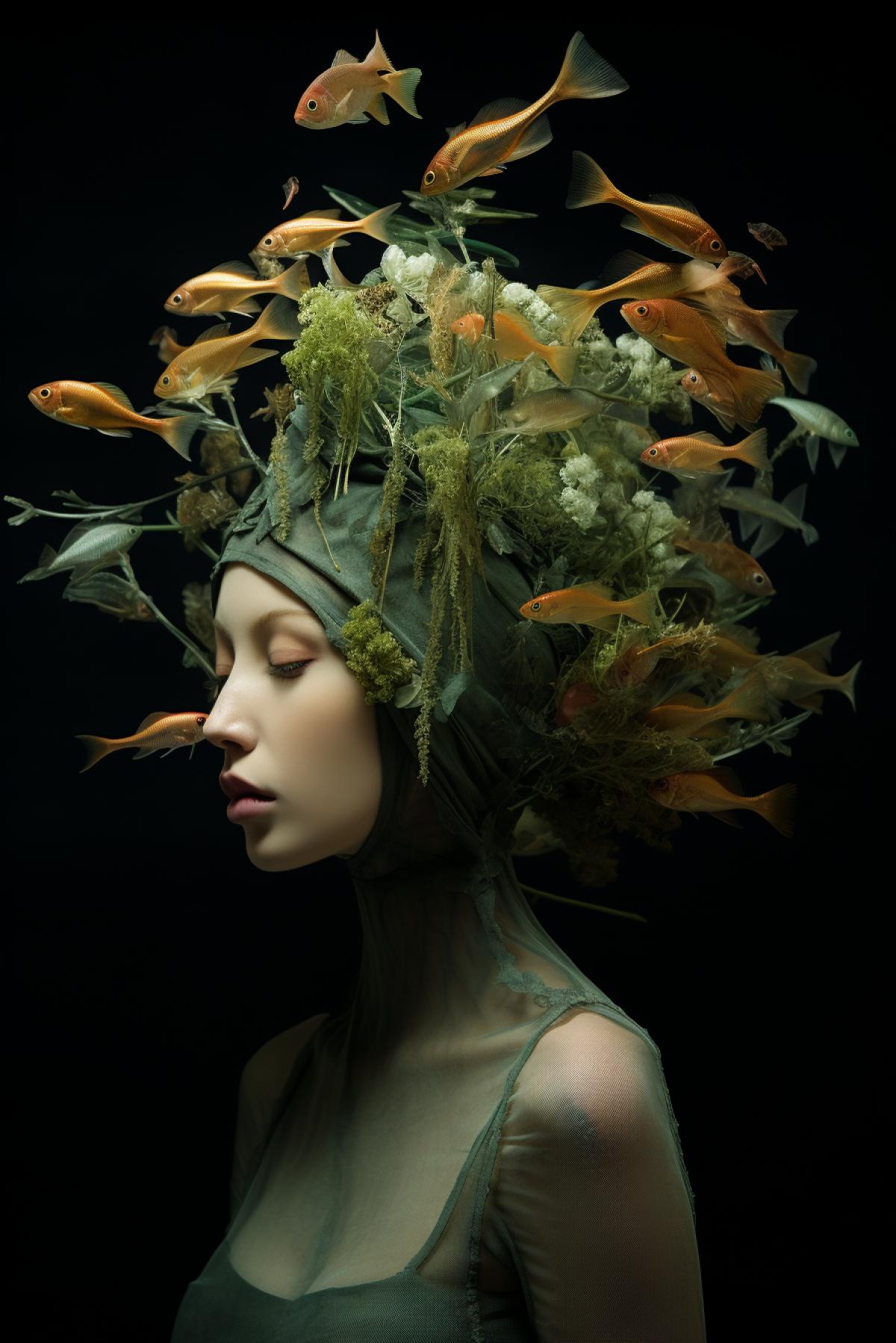 Aquarium Paradox: A headdress containing a miniature “aquarium” with floating fish and algae inside, creating a unique underwater effect.