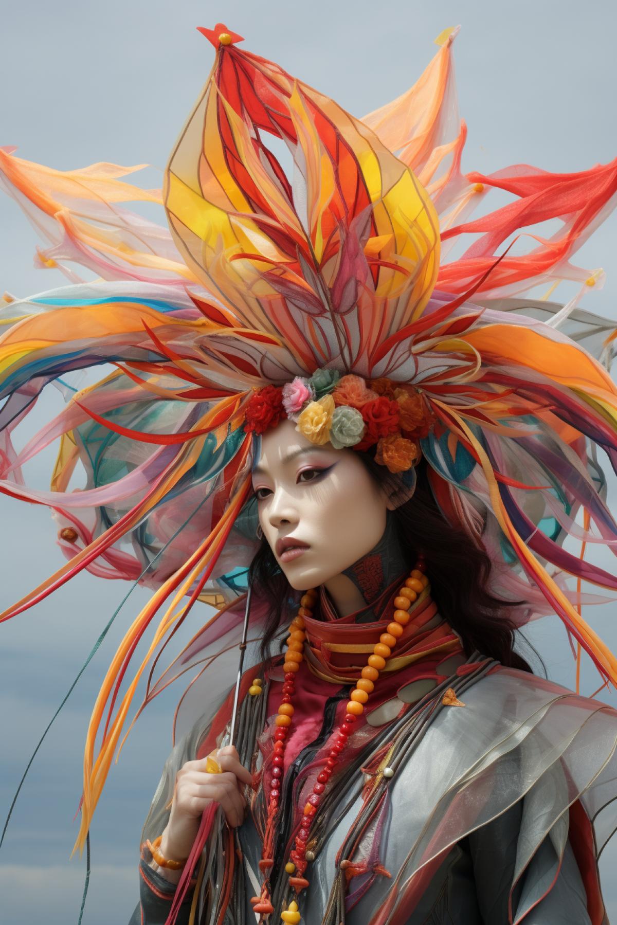 Hyperreal Flying Kite: A headdress in the shape of a flying kite with many bright colors, giving the impression of hyperreality and magic.