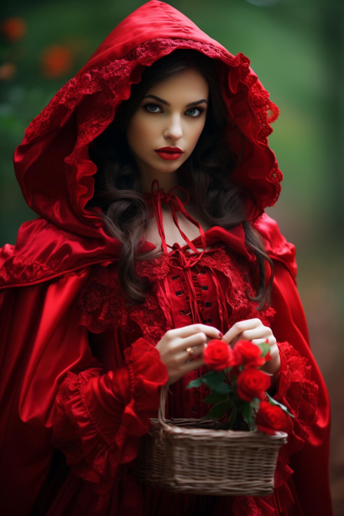 Red riding hood wearing enormous extravagant red riding hood