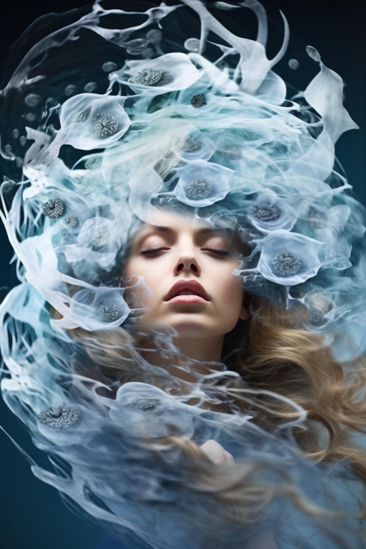 enormous grandiose ocean powerful wave crest as a hat of magic mysterious sea queen serious dangerous blue eyes thin transparent skin