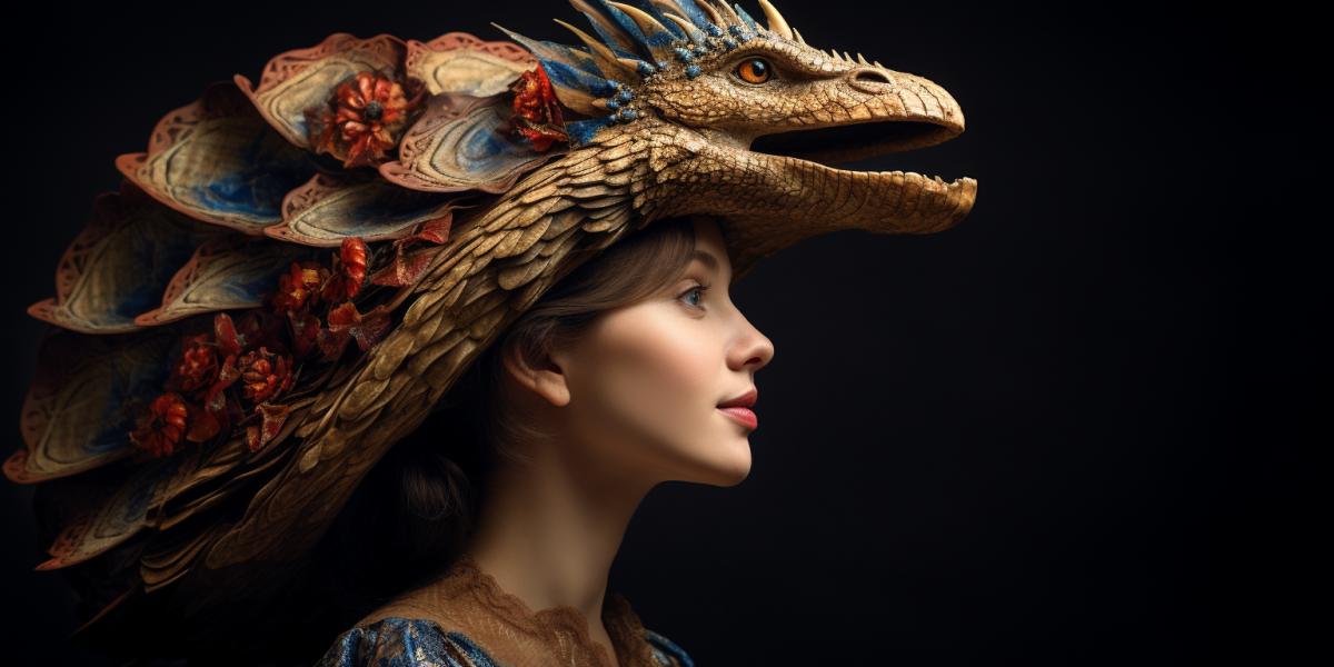 Beautiful medieval woman, 18th century, wearing a hat in the shape of a huge dragon, profile view, breathtaking