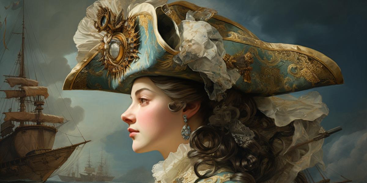 A beautiful Rococo woman, 18th century, wearing a hat in the shape of a huge frigate, view in profile, breathtaking