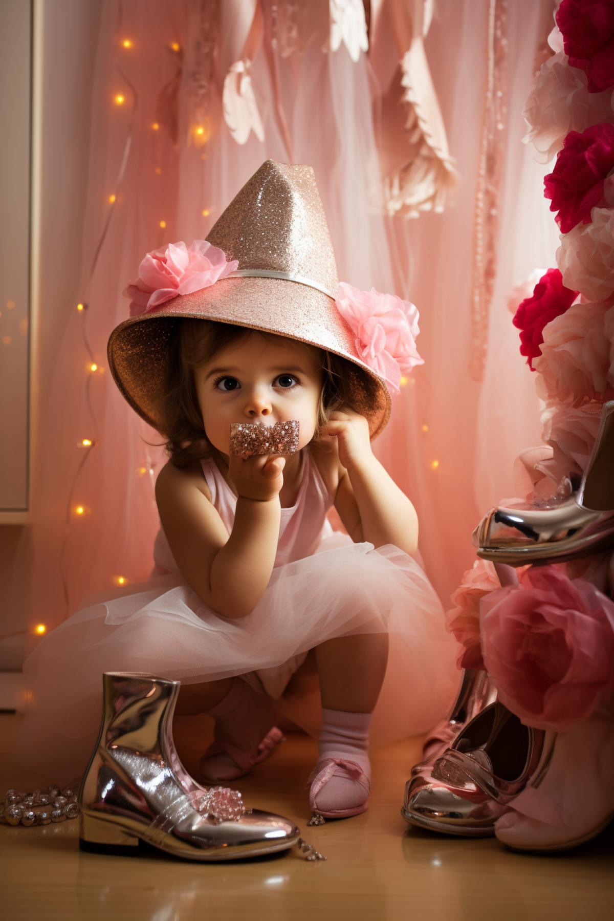 Cute baby trying on her moms too big high heels make-up mess on face and enormous extravagant fantastic too big hat