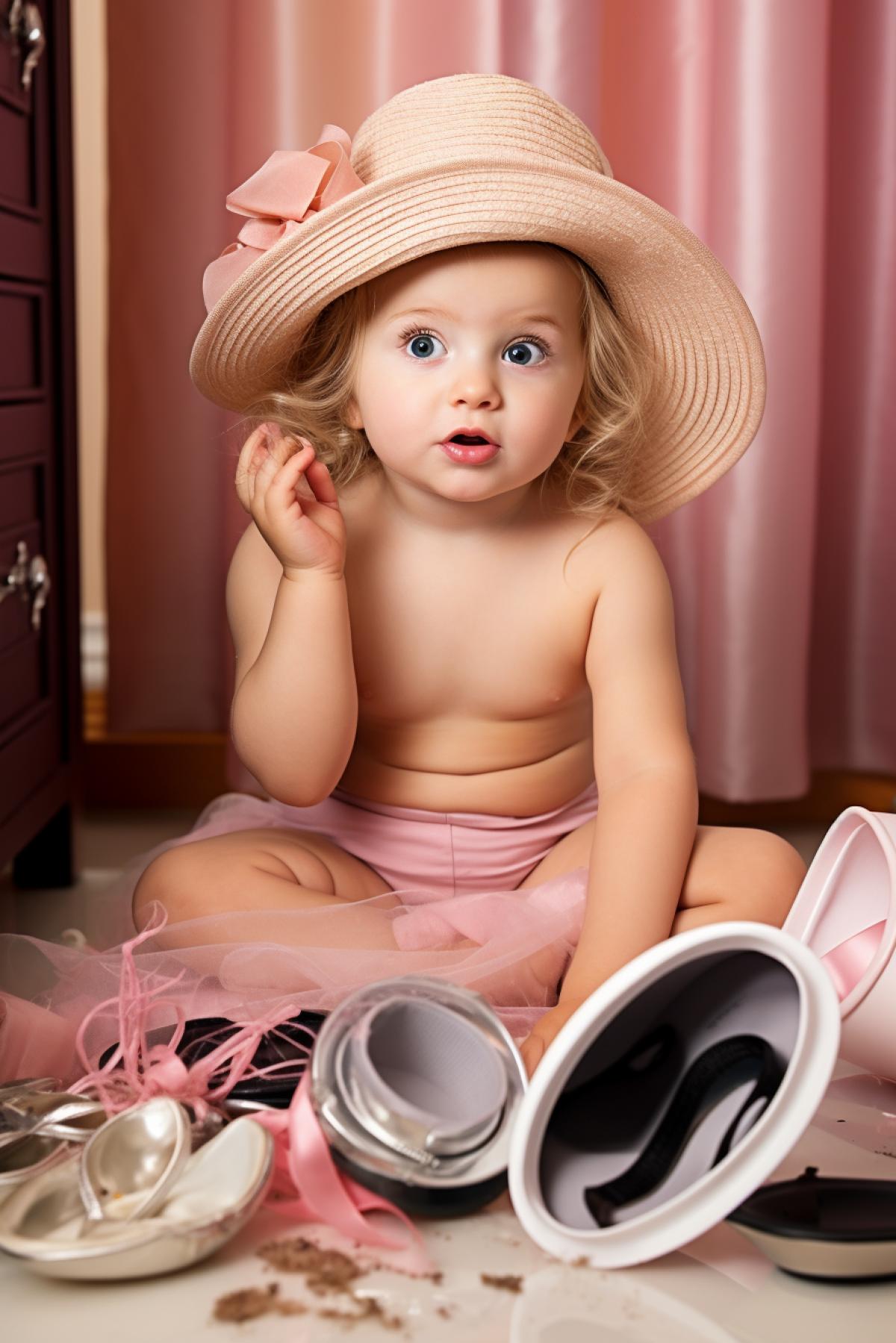 Cute baby trying on her moms too big high heels make-up mascara mess on face and enormous extravagant fantastic too big hat