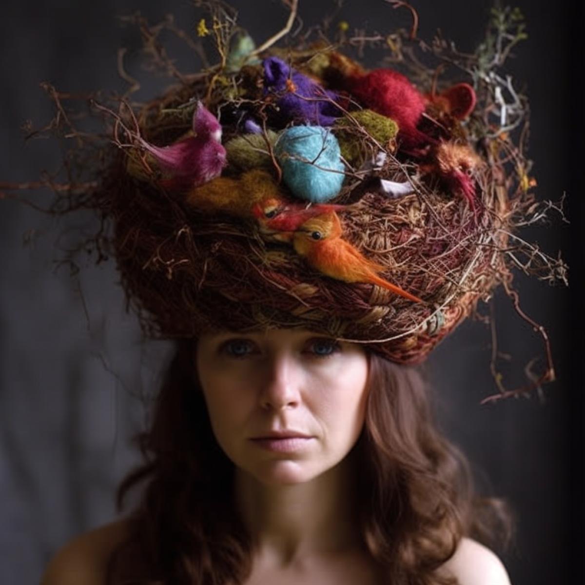 Unusual hat in the form of a birds nest with a bird, bright and rich colors