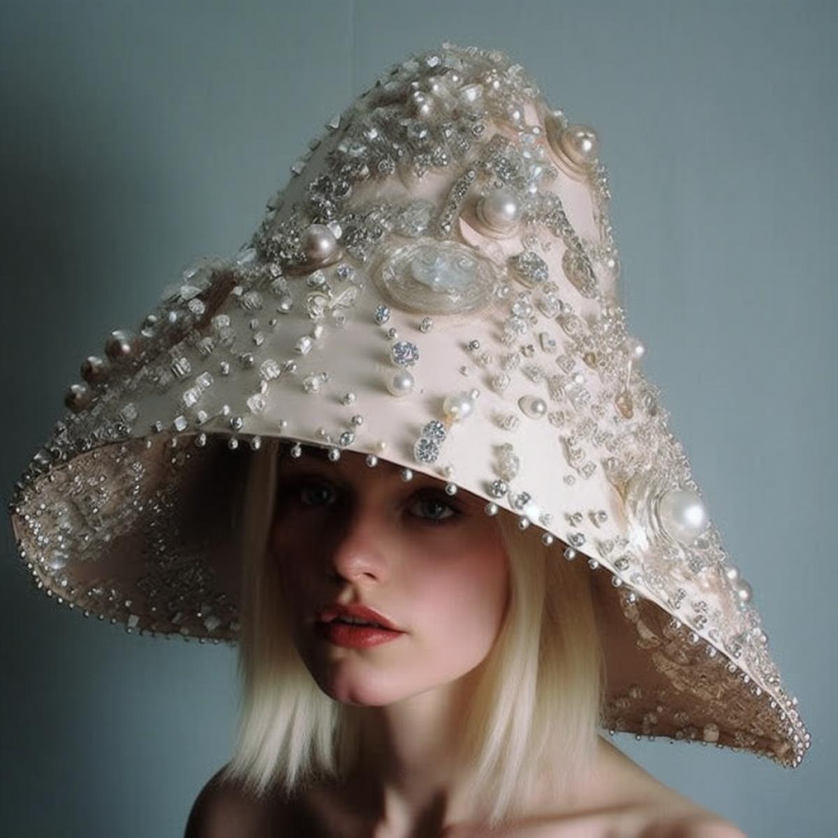 Unusual hat with wide brim, rhinestones, shimmer, hat from parallel reality