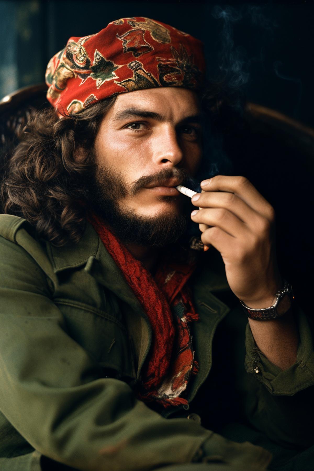 Ernesto Guevara Portrait Smoking Cigar Wearing Enormous Extravagant Bizarre Beret