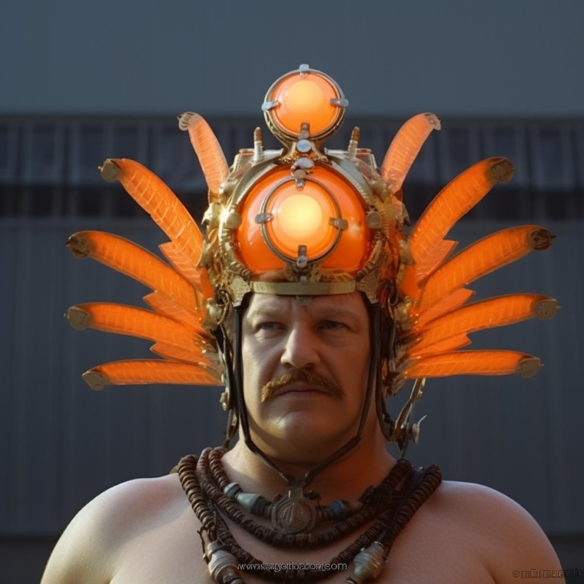 Headdress in the form of a glowing orange flasher.