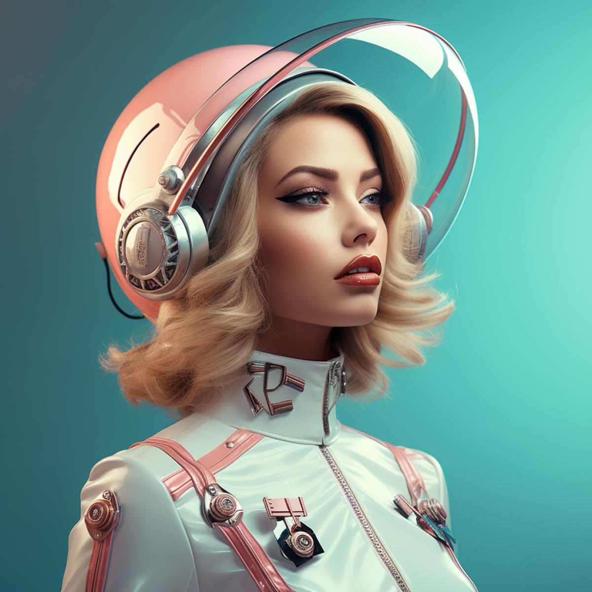 A beautiful woman, , wearing a fancy spacesuit, in Atompunk style, Portrait, space-age vibe, retrofuturistic, hyper-realistic