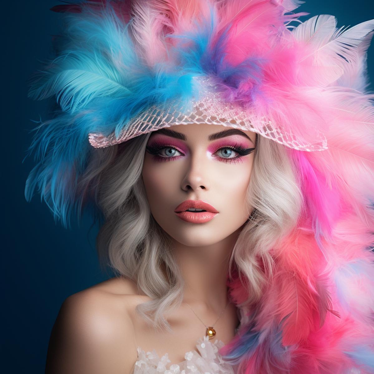Portrait photograph A beautiful woman, a party-themed hat, bright feathers, pink, azure, blue color palette