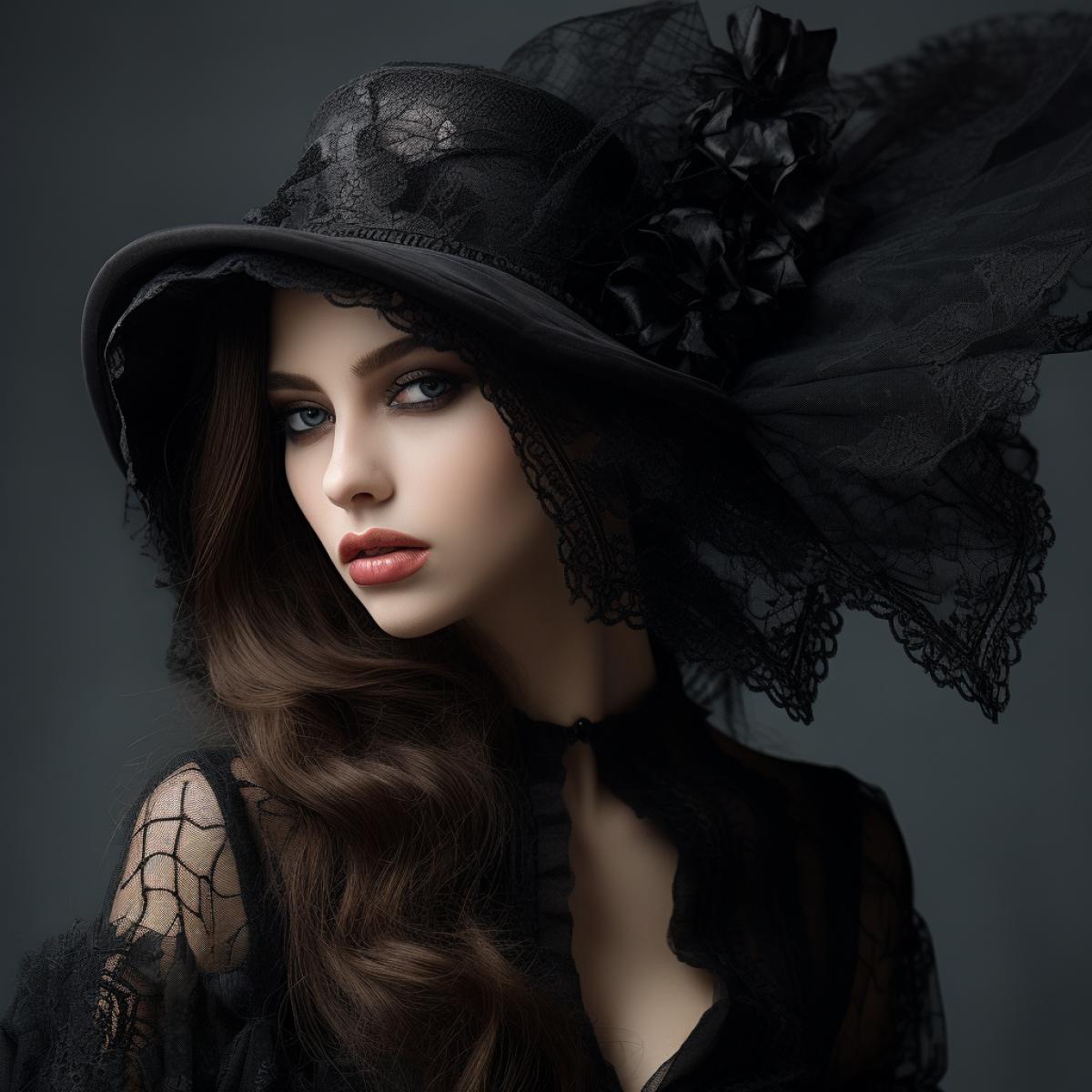 close-up, Intricate detail, chiffon and lace dark, hat with a veil, elegant, Beautiful woman, in the style of angelcore, neo-victorian
