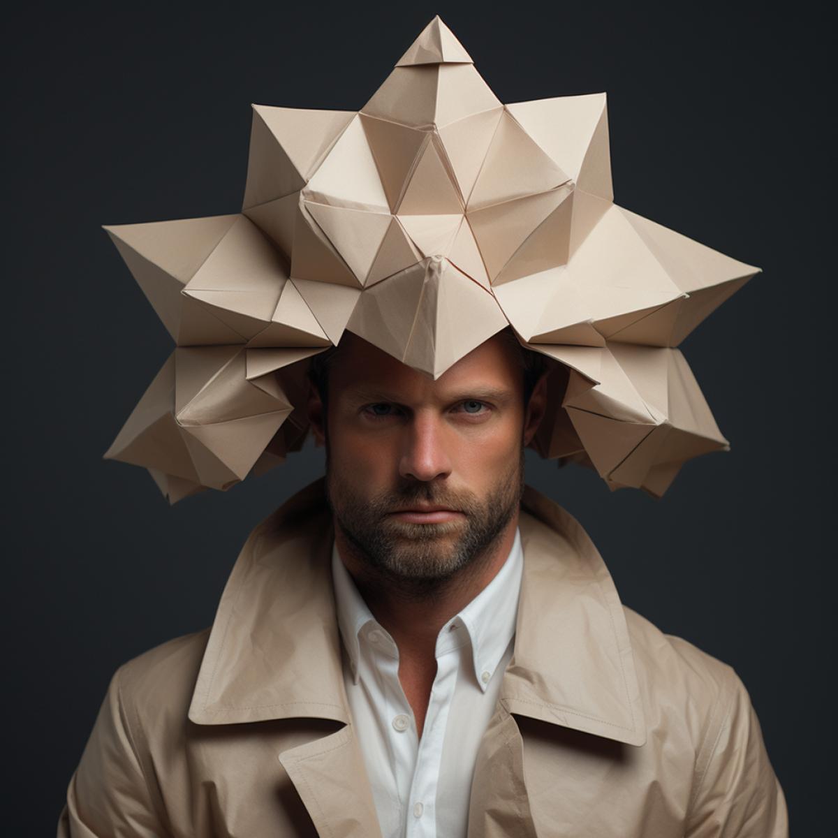 Man in an origami hat, high fashion portrait