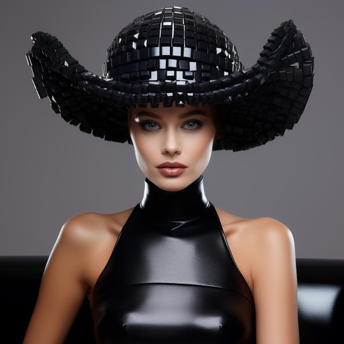 beautiful elegant woman in an unusual hat in the shape of a keyboard and computer monitor