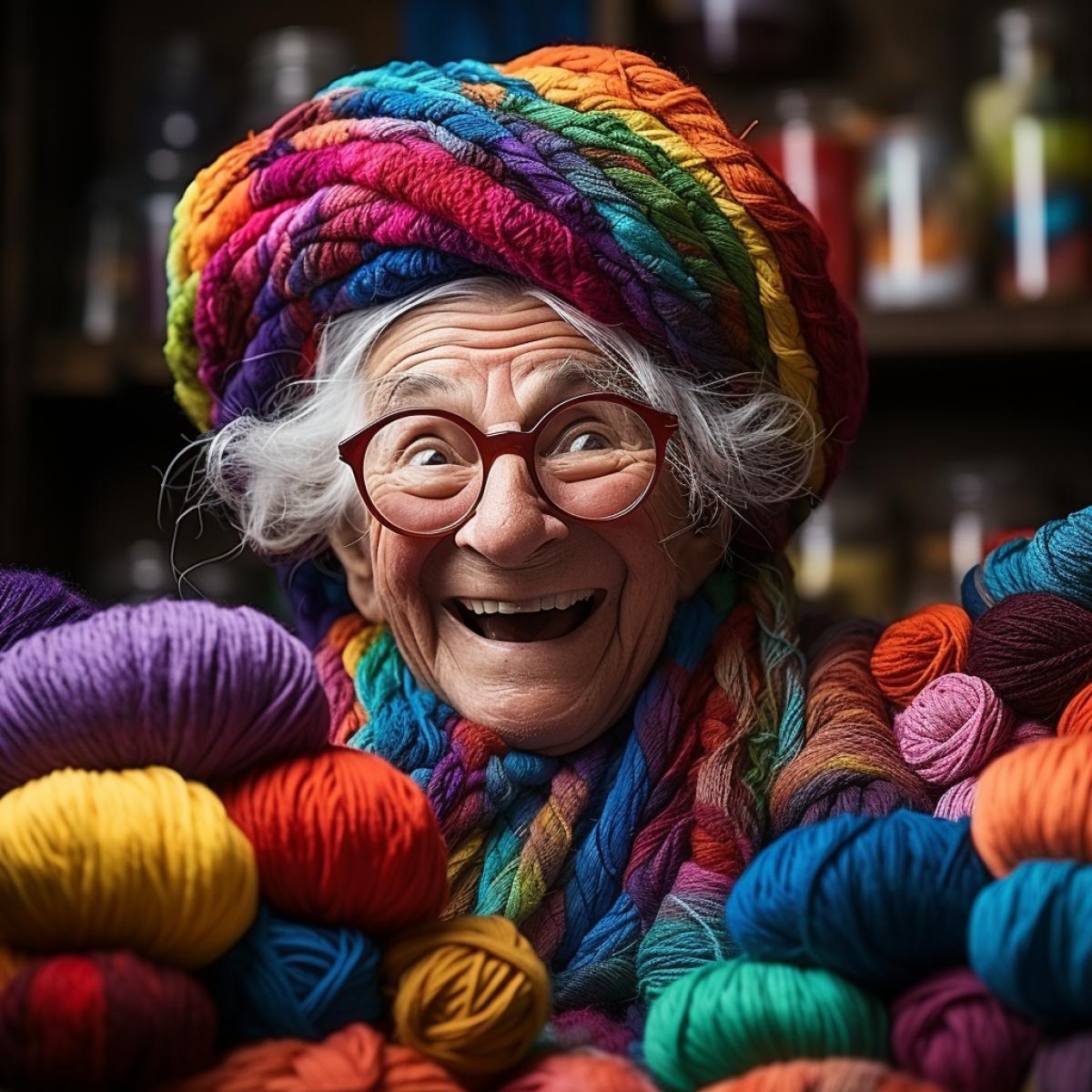 elegant elderly lady wearing a hat in the form of balls of woolen knitting threads of different colors, with knitting needles, on her head