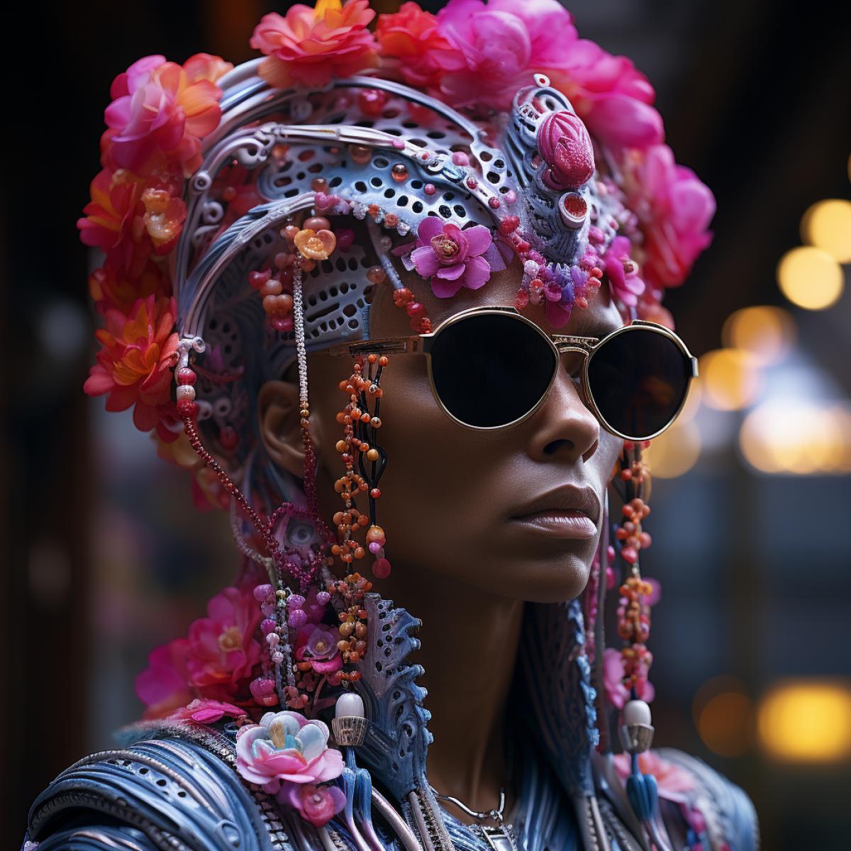 beautiful alien, in an unusual hat, in the shape of a spaceship