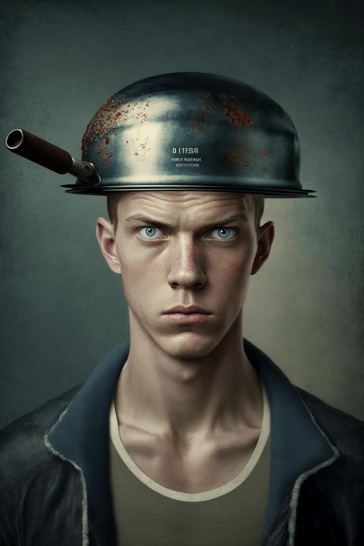 a man has a flat frying pan on his head