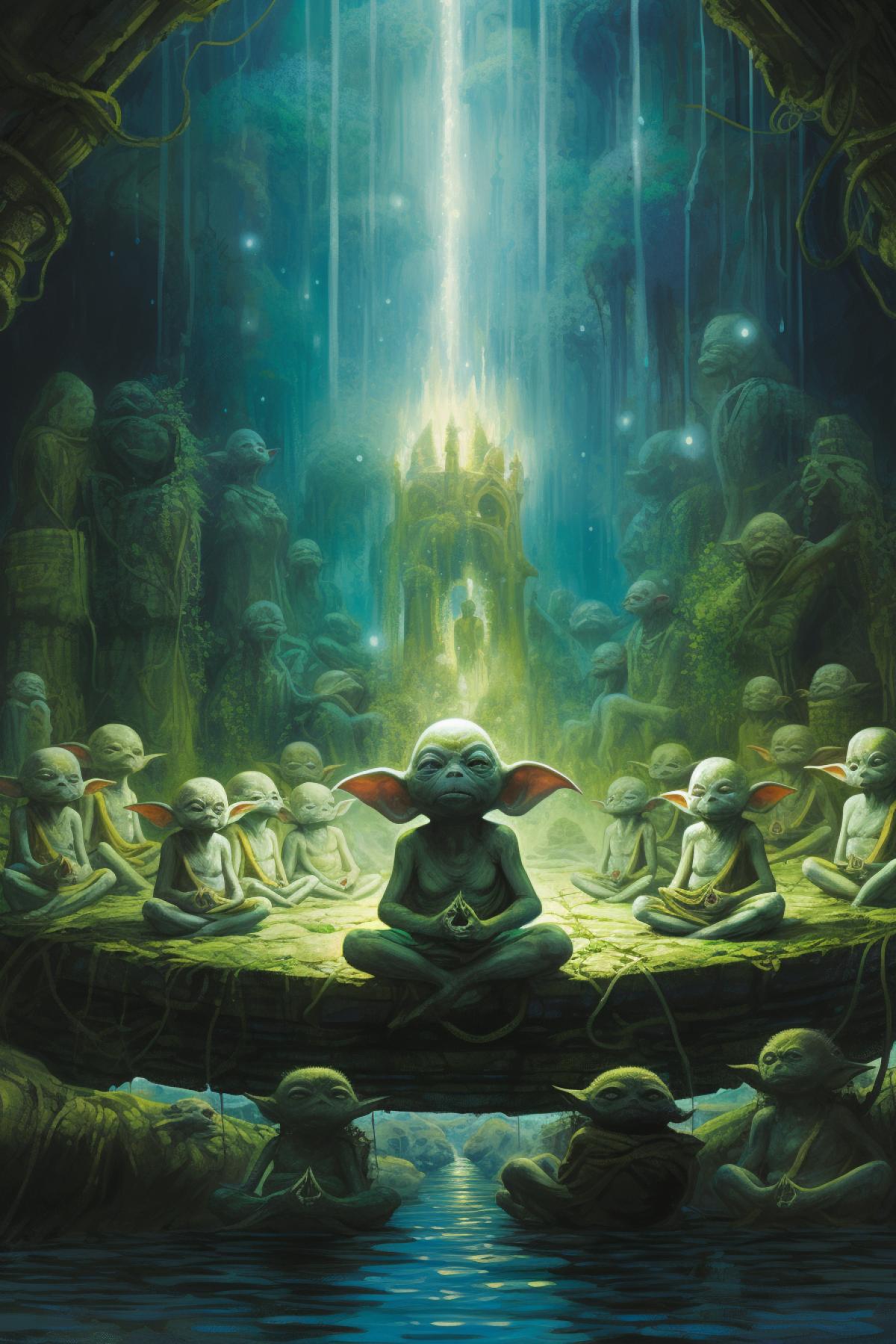 Several meditating yodas in yoda extraterrestrial monastery starry night
