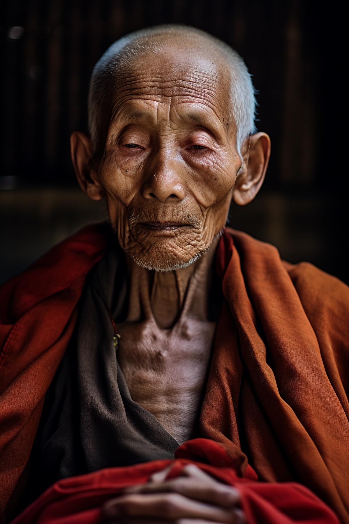 Very old 120-year-old exhausted enlightened Buddhist monk