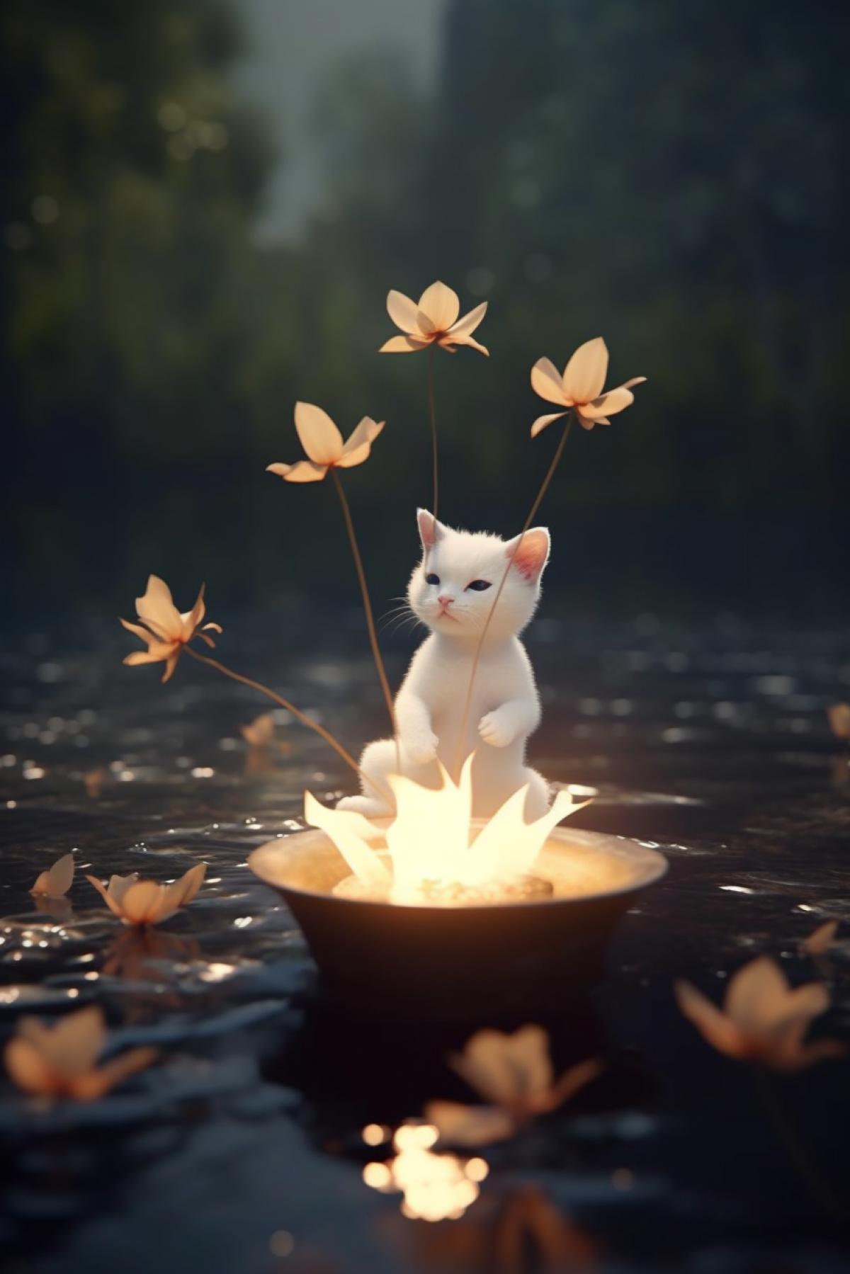 White cute kitten meditates while sitting on a lotus flower