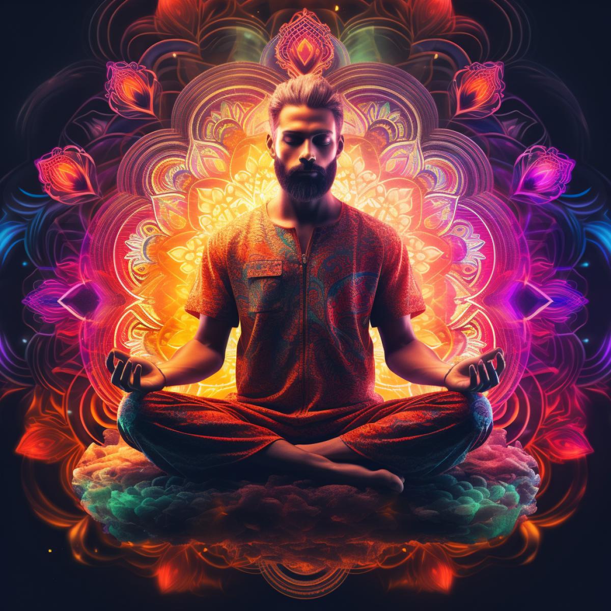 Glowing, clear, single image of a stunning Meditating yogi in lotus 4k with vibrant colors and a modern look. The desaturation effect adds depth and dimension, while the sharp details bring out unique features