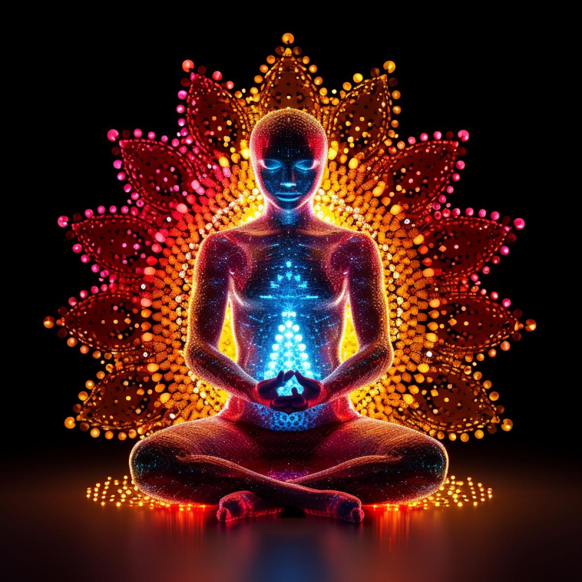 Meditating yogi in lotus 4k, in the style of Lite Brite Art