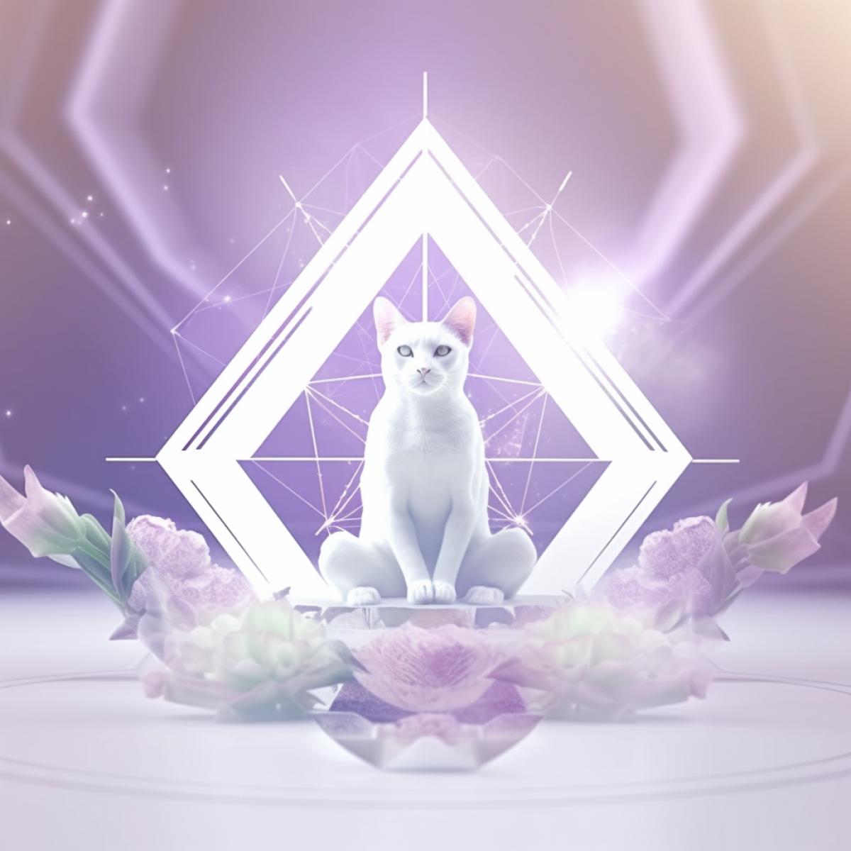 professional photo of a humanoid cat sitting in a meditating 4k before a white, pale yellow and pale pink floristic mandala. The background should be starry and galactical. Harmony of body and soul, calmness, atmosphere of endless space