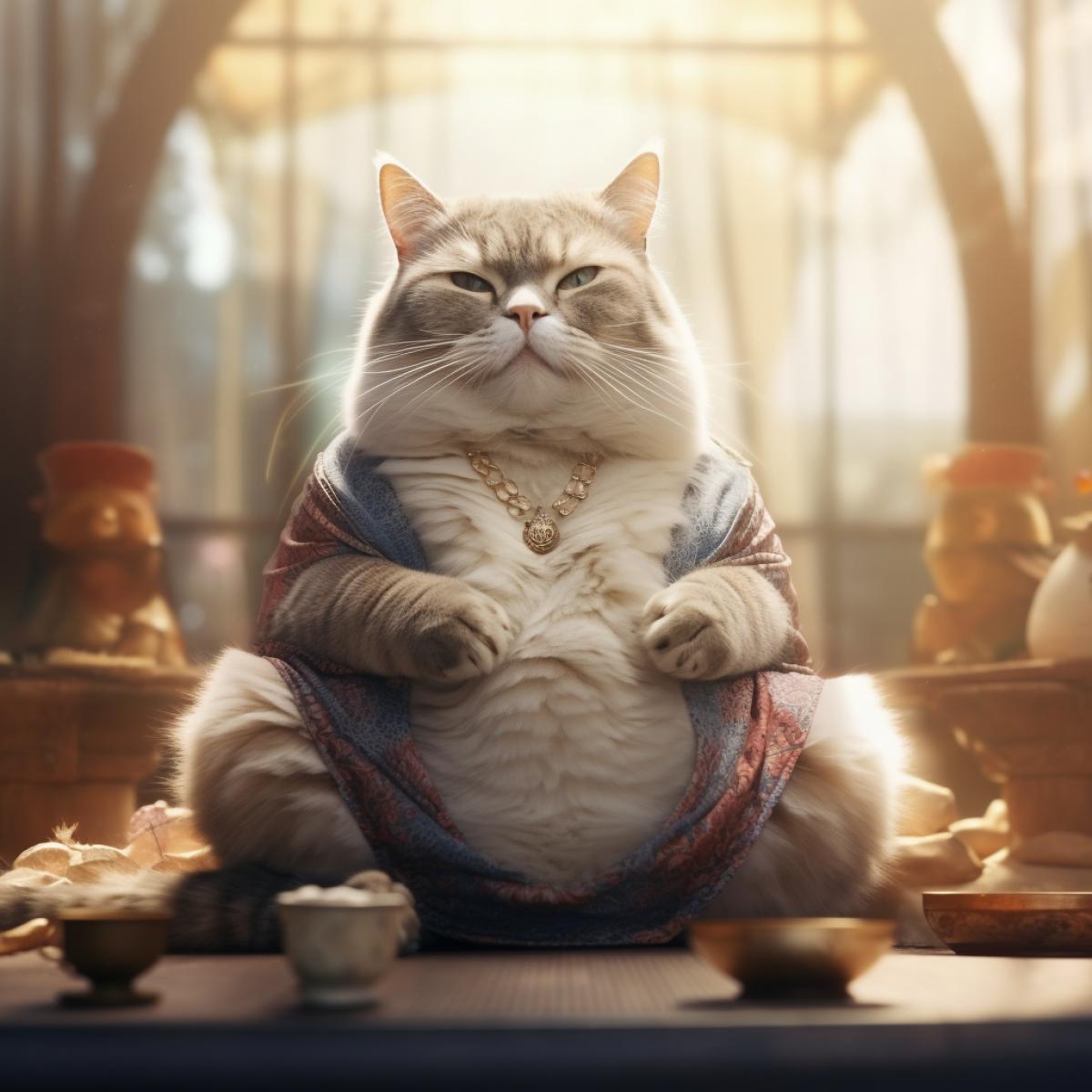 Fat anthropomorphic cat meditating in lotus 4k, hyperrealistic photography, atmosphere of calm and tranquility