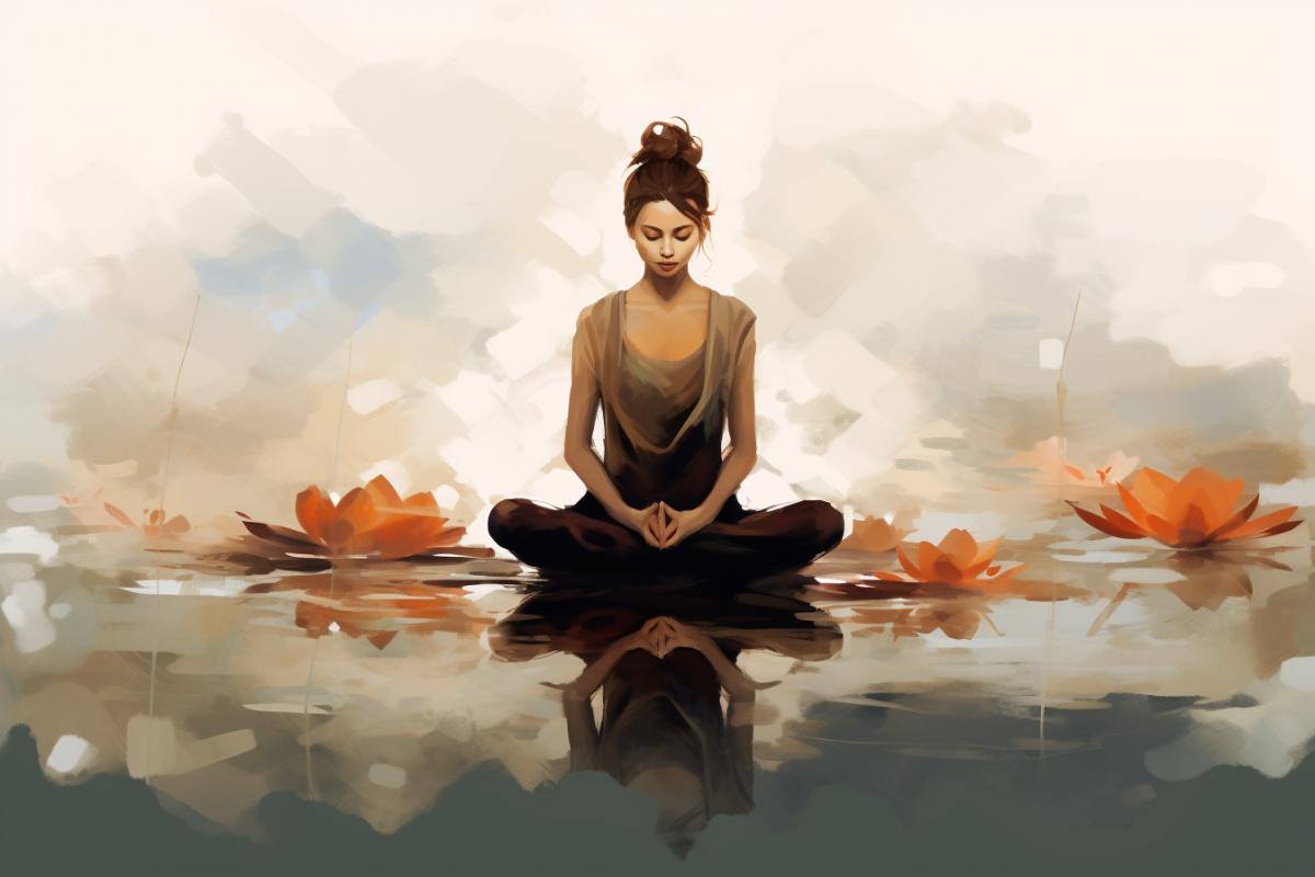 A woman meditates in lotus 4k, Chinese ink brush, Soft colors, bold strokes