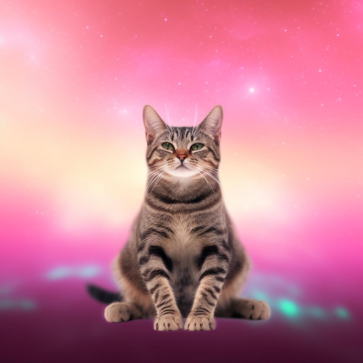 feline extraterrestrial sitting in a meditating 4k before a pastel colours mandala, starry and galactical background, universal harmony, calmness, atmosphere of endless space