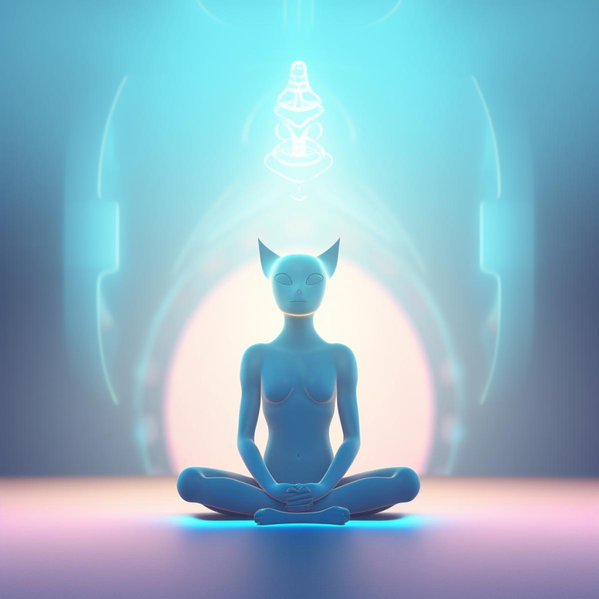 feline extraterrestrial sitting in a meditating 4k before a pastel colours mandala, starry and galactical background, universal harmony, calmness, atmosphere of endless space