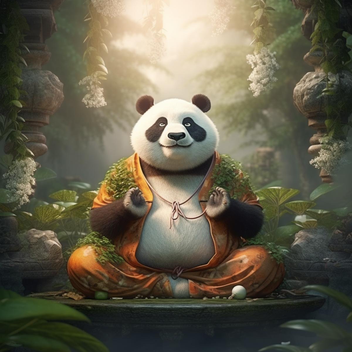 Fat anthropomorphic Panda meditating in lotus 4k, hyperrealistic photography, atmosphere of calm and tranquility
