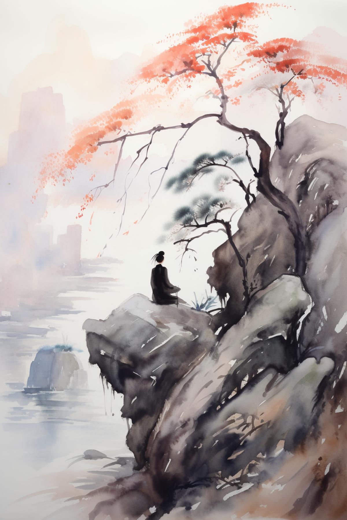 Traditional Chinese watercolor painting, woman meditating in tree 4k on the cliff of a cliff, Chinese ink brush, breathtaking