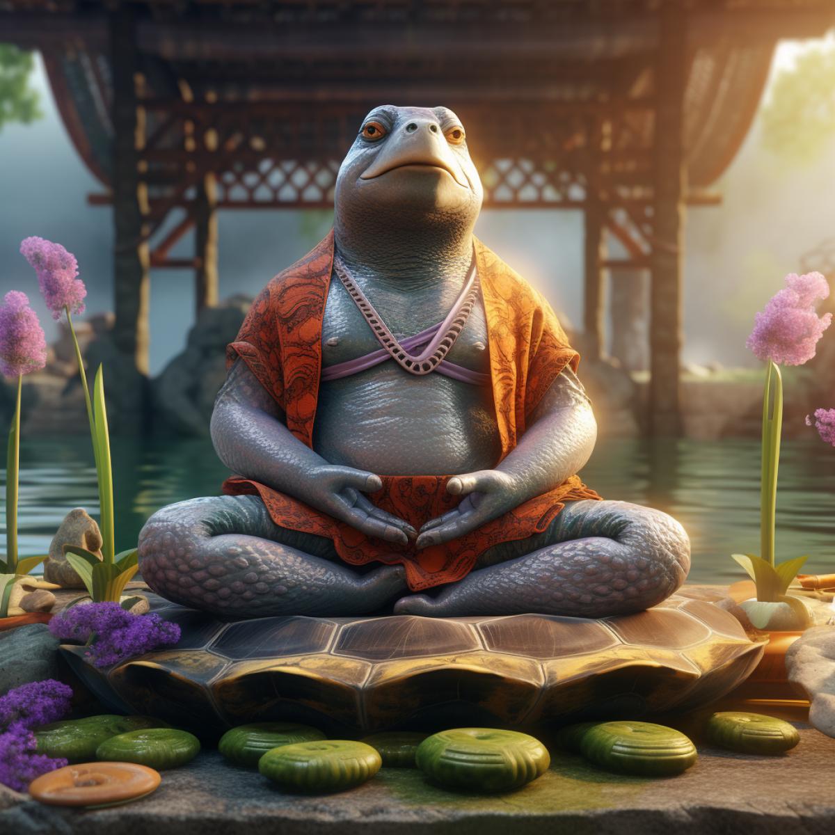 Fat anthropomorphic Turtle meditating in lotus 4k, hyperrealistic photography, atmosphere of calm and tranquility
