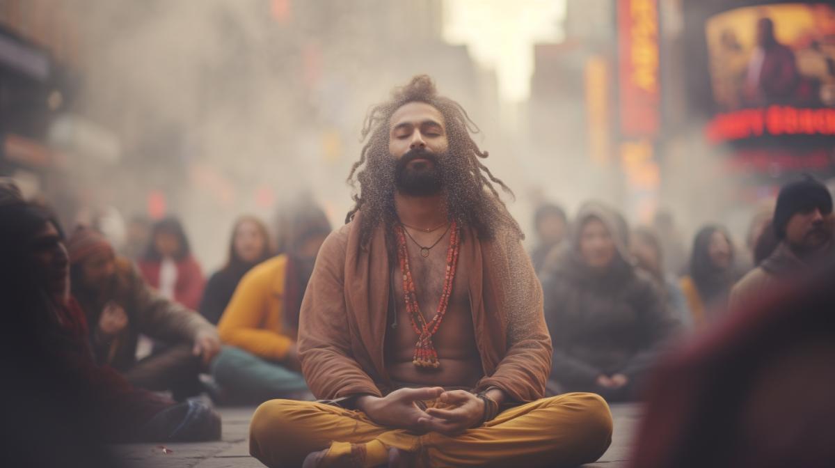 Indian yogi meditates in the middle of a blurred crowd, NYC, ling city street, in a style of a movie still, fog, dynamic com4k, 8k