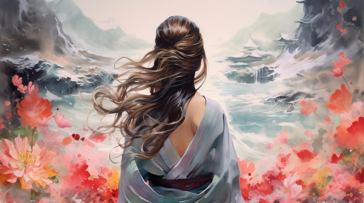 View from behind, woman in kimono with windswept hair meditating in lotus 4k, Japanese watercolor painting, hyperdetailed