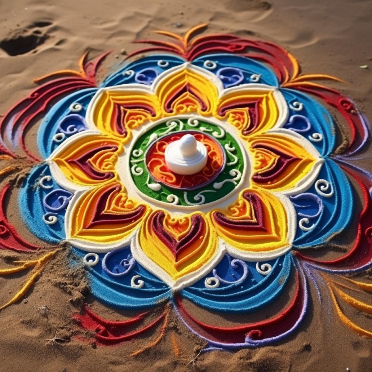 Sand mandala vanishes blown away by the wind, vibrant colors, breathtaking