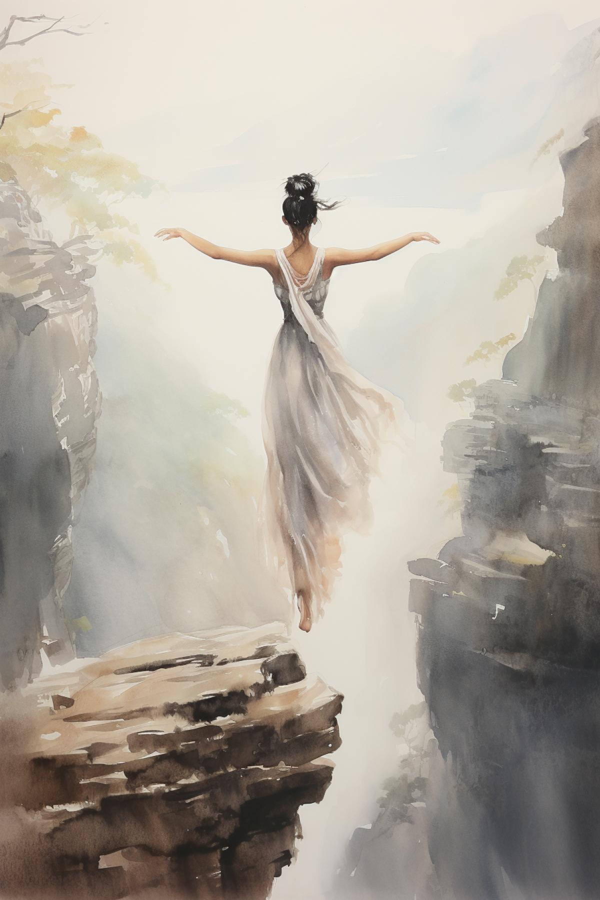 Vrikshasana asana, standing on a cliff face, hair fluttering in the wind, view from the back, traditional Chinese painting, breathtaking
