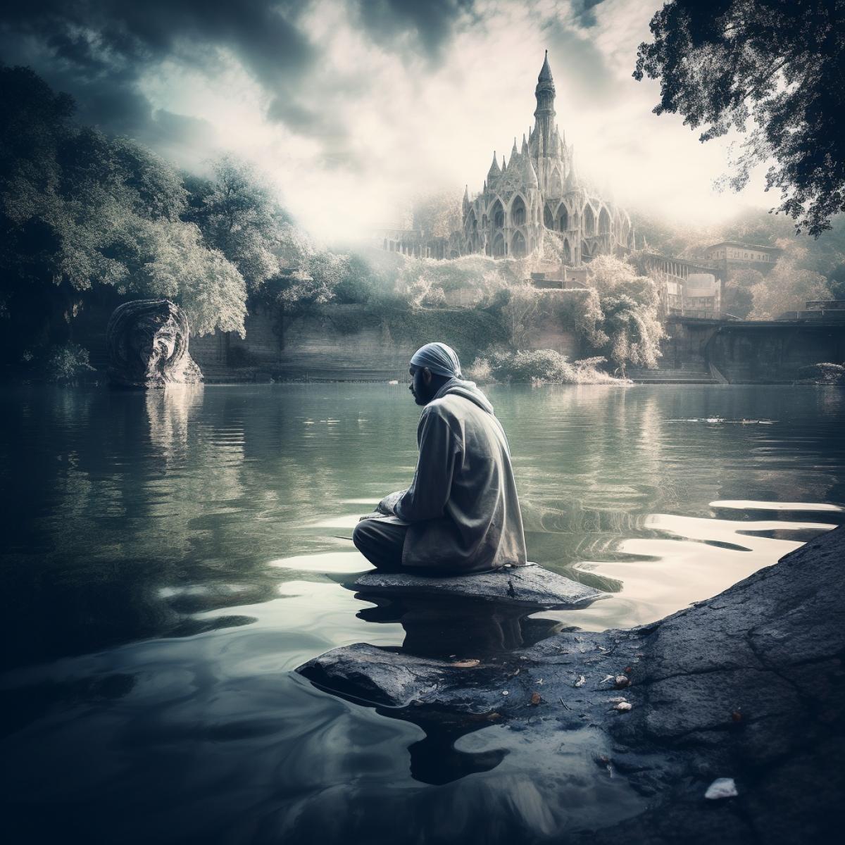 A man in white and gray paint, meditates near the water, parallel world, another dimension, flickering, glare, rich colors, gothic style, photography
