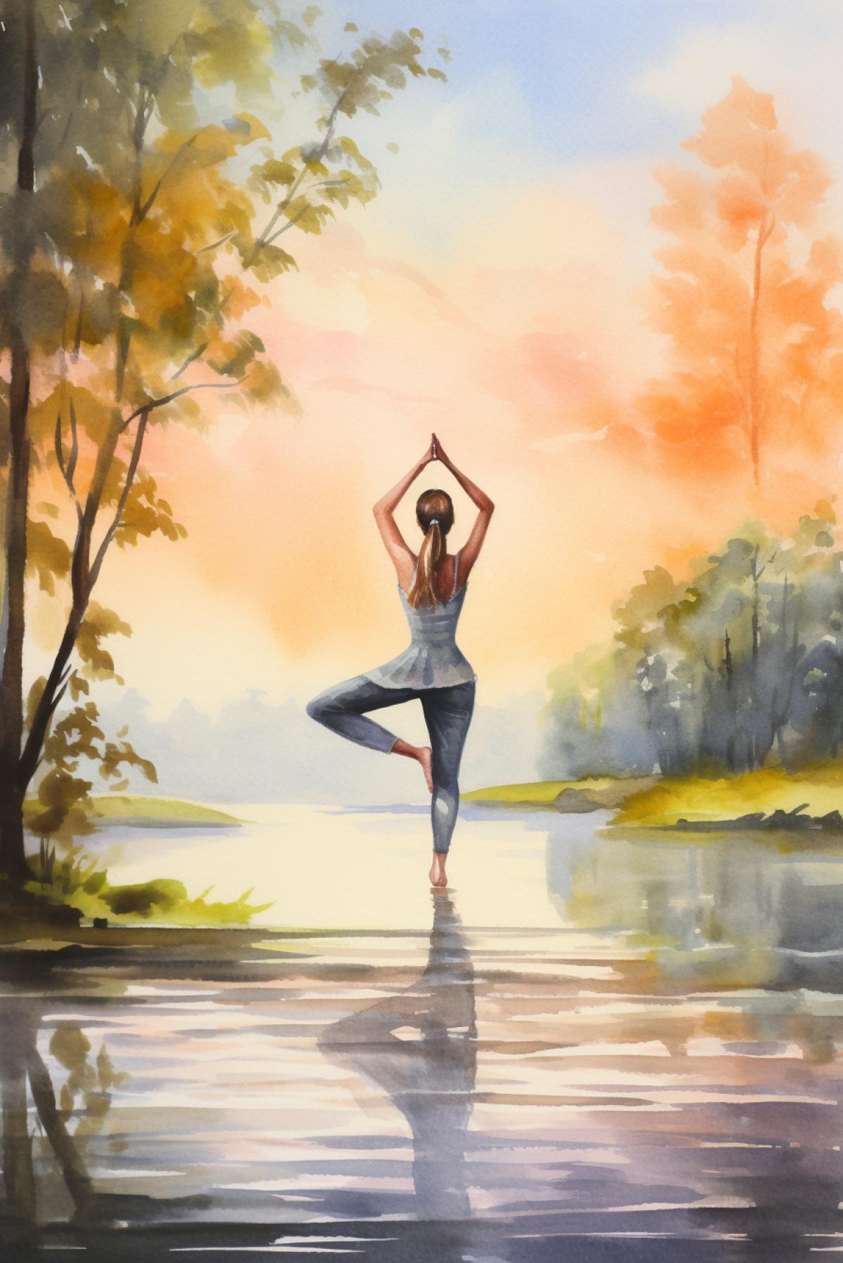 asana Vrikshasana, yoga, woman on the river bank, atmosphere of calmness and tranquility, beauty of nature, watercolor painting