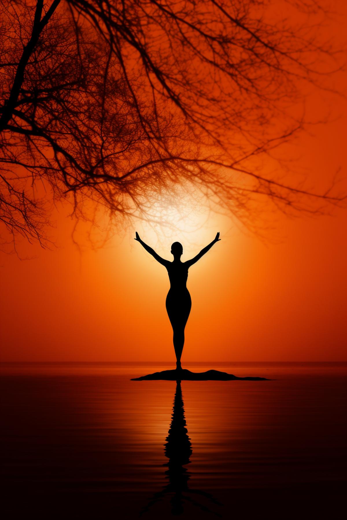 asana Vrikshasana, yoga, Silhouette woman on the river bank, atmosphere of calmness and tranquility, silhouette lighting, dark navy and dark orange, sumi-e print, professional photography