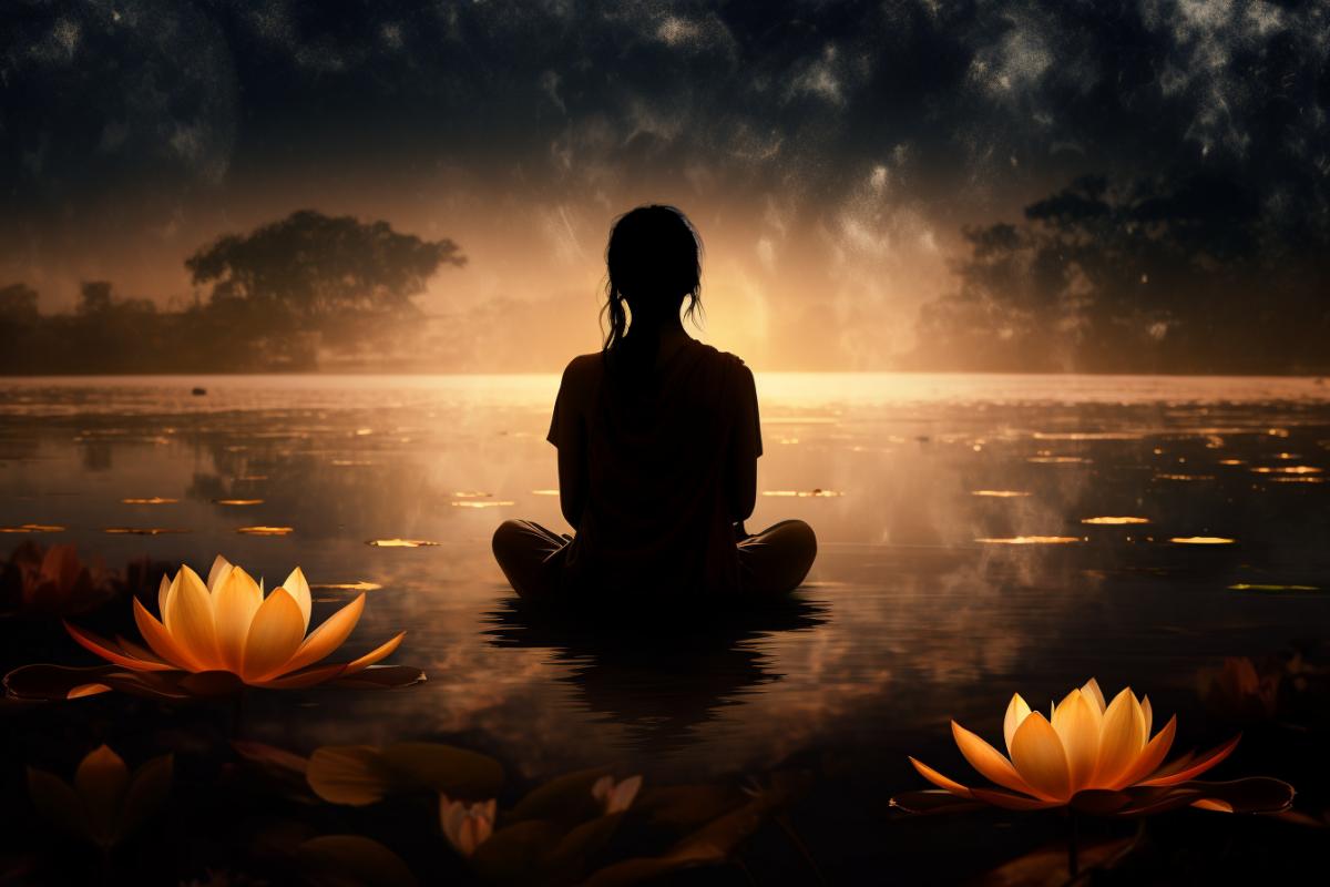 Lotus 4k, yoga, meditation, back view, Silhouette woman on the river bank, atmosphere of calmness and tranquility, silhouette lighting, dark navy and dark orange, sumi-e print, professional photography