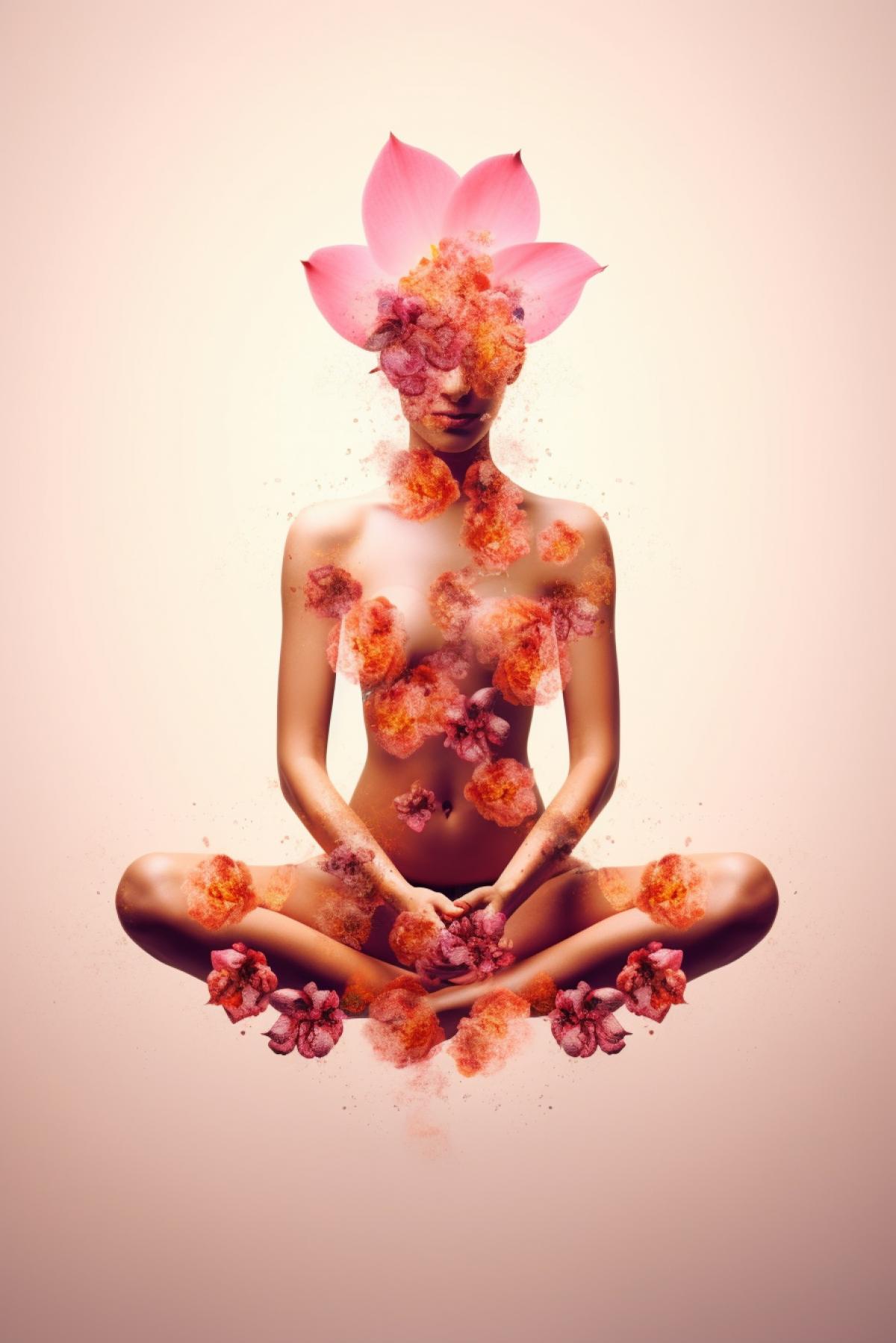 a beautiful flower in the form of a female body sits in meditation