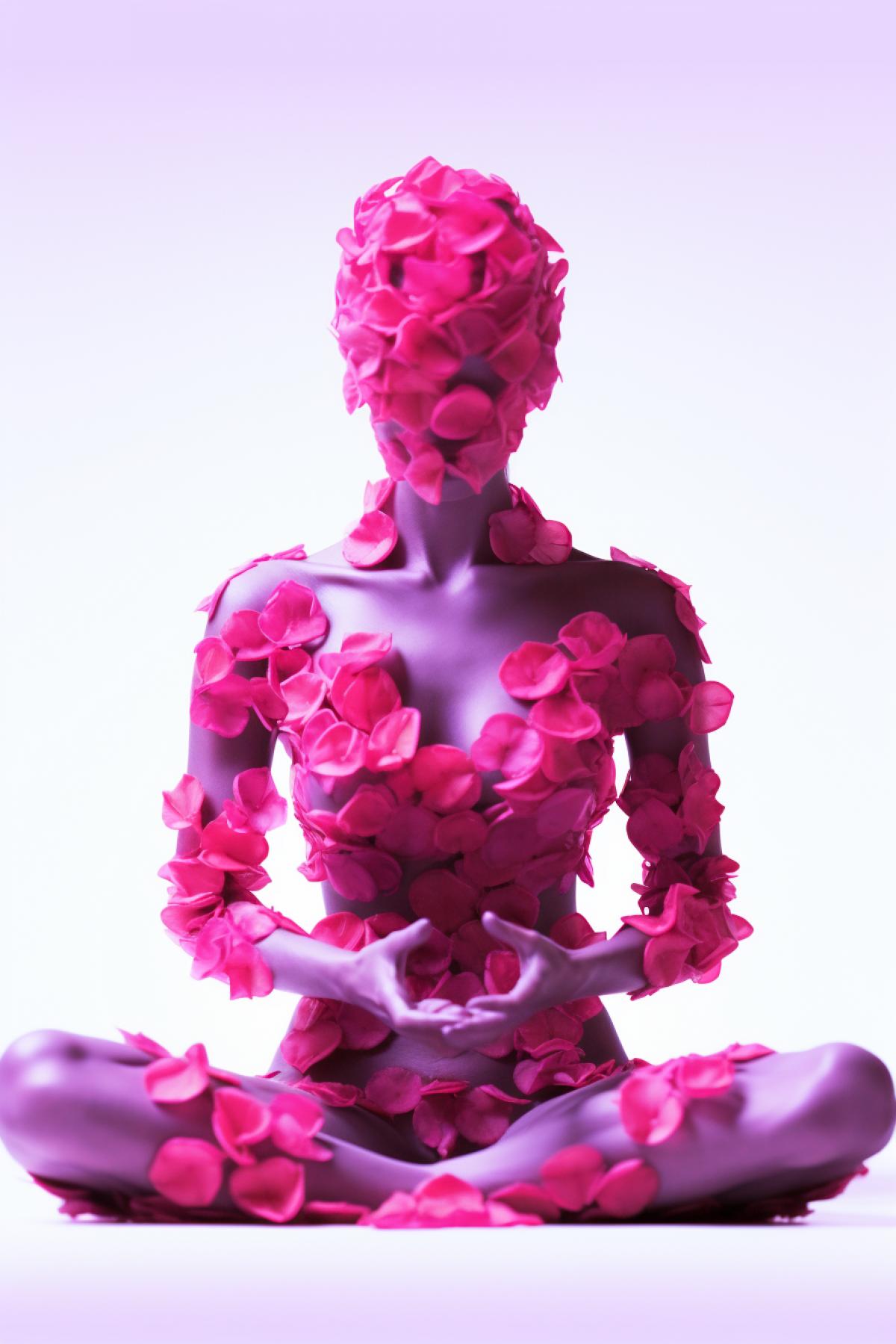 a beautiful flower in the form of a female body sits in meditation