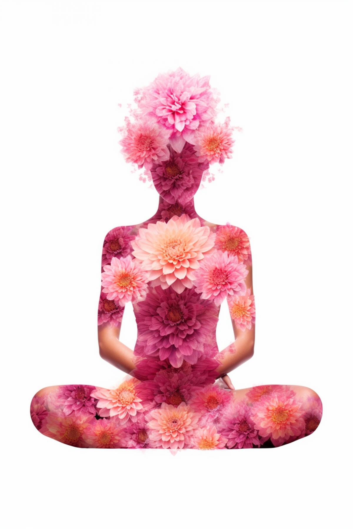 a beautiful flower in the form of a female body sits in meditation