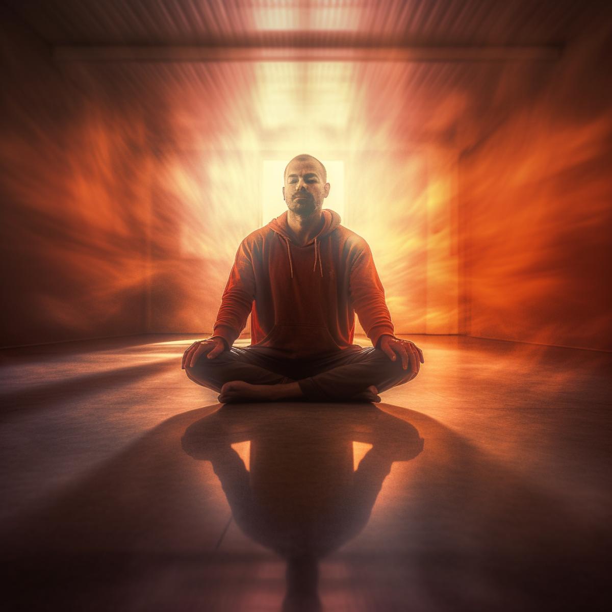 man doing yoga, parallel world, flickering, glare, dawn, rich colors, photography
