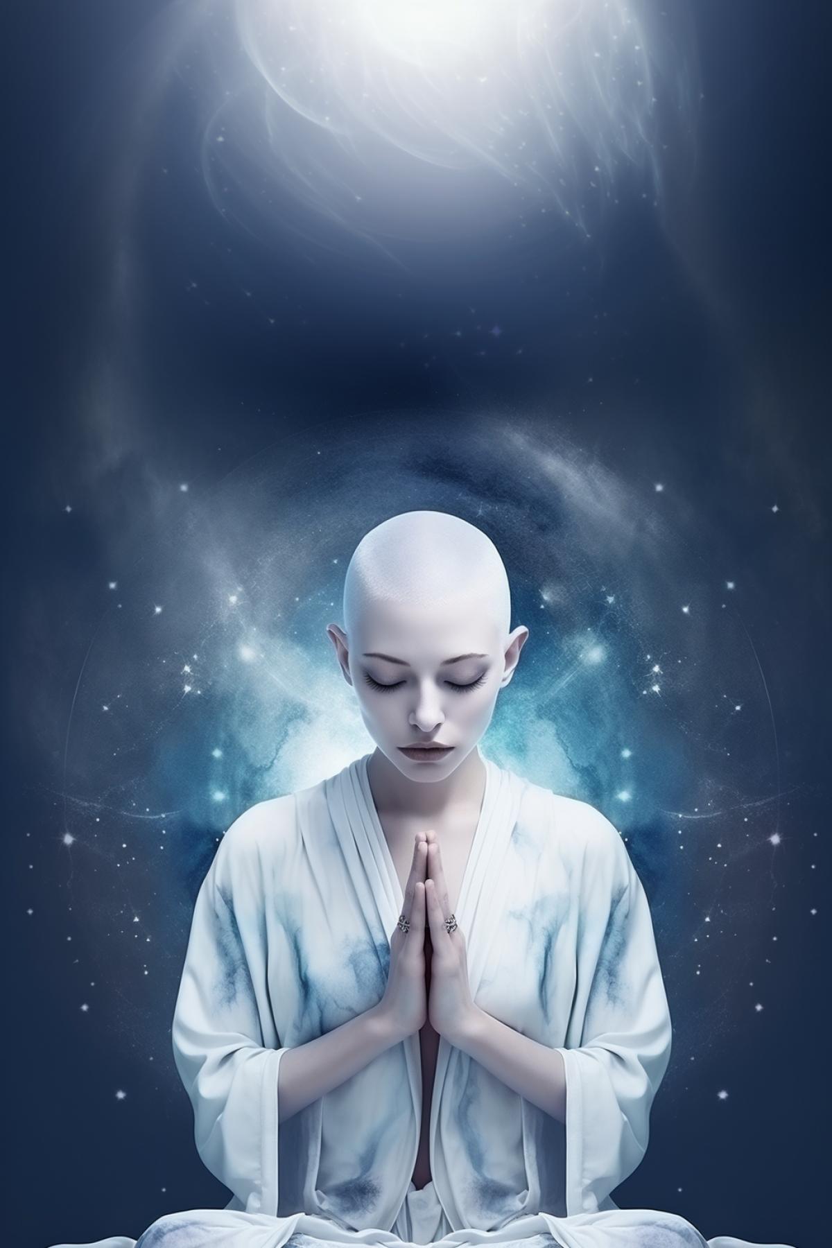Bald girl meditates, spiritual world, white, blue colors