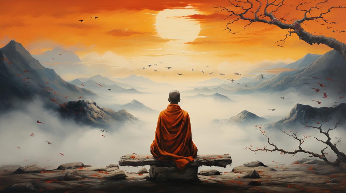 Tibetan monk meditating looking at the mountains, a flock of birds flying in the sky, traditional Chinese painting, breathtaking