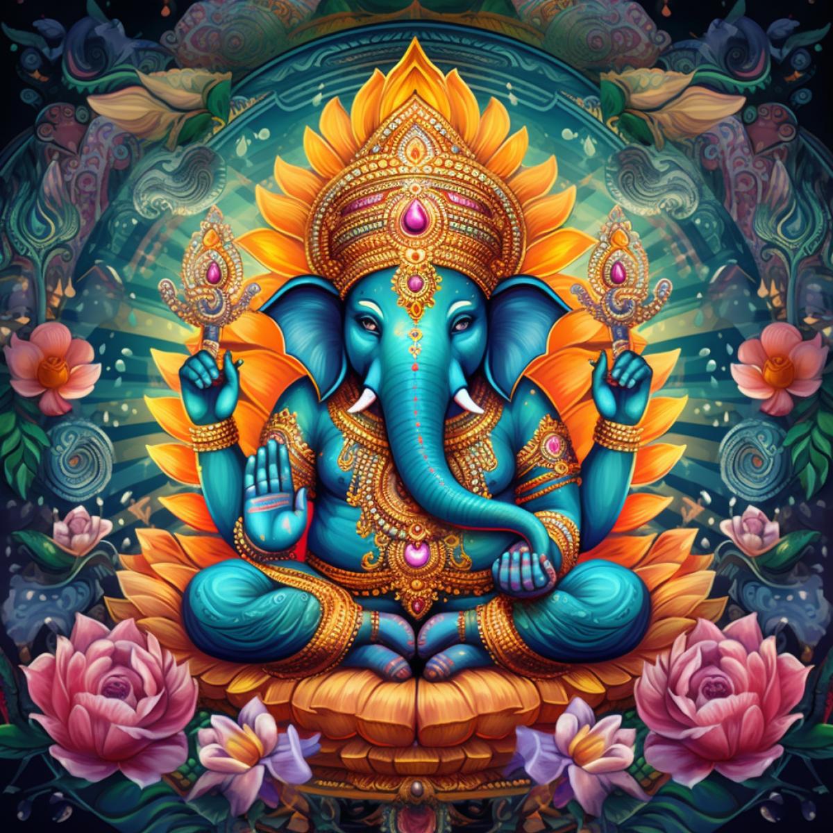 Anthropomorphic elephant, Ganesha meditating in lotus 4k, traditional Indian painting, bright colors, mandala