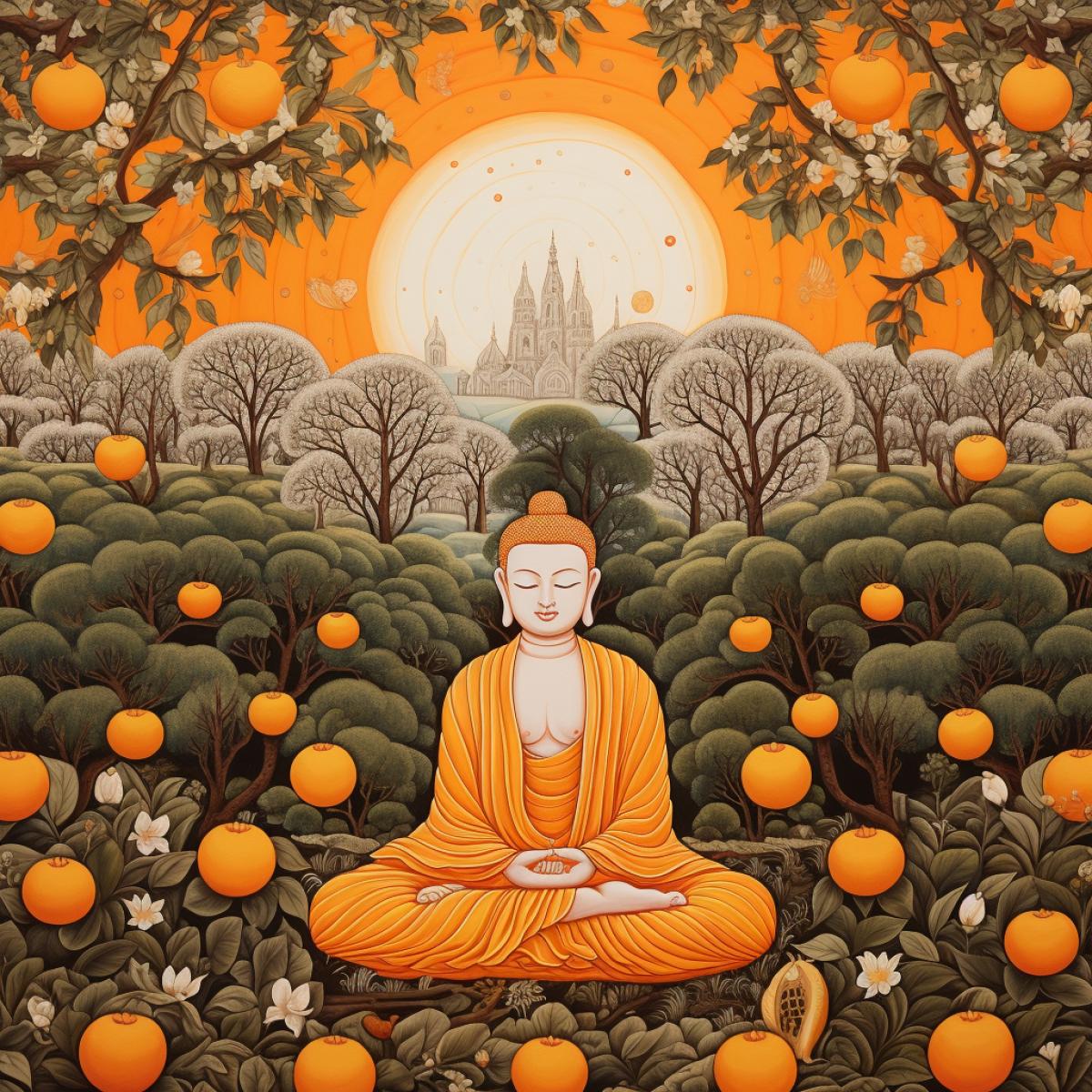 Buddha meditates with a field full of magic oranges. Buddhist miniature style